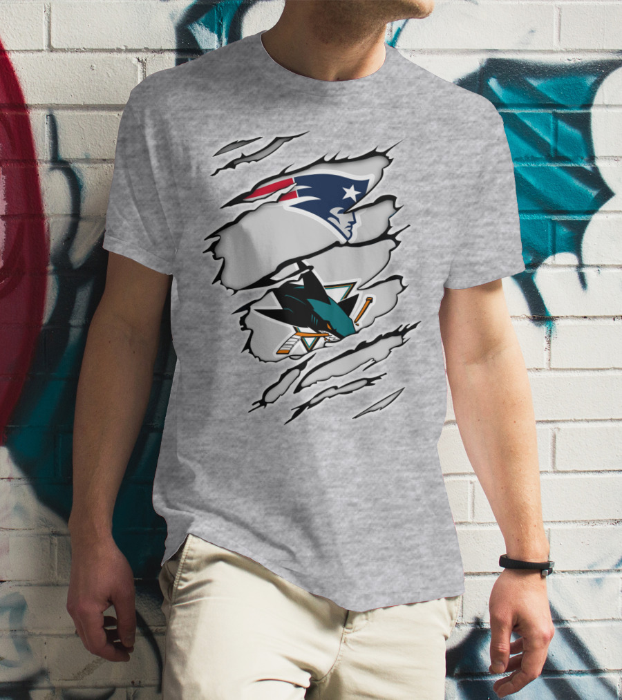New England Patriots San Jose Sharks Ripped Tear T-Shirt