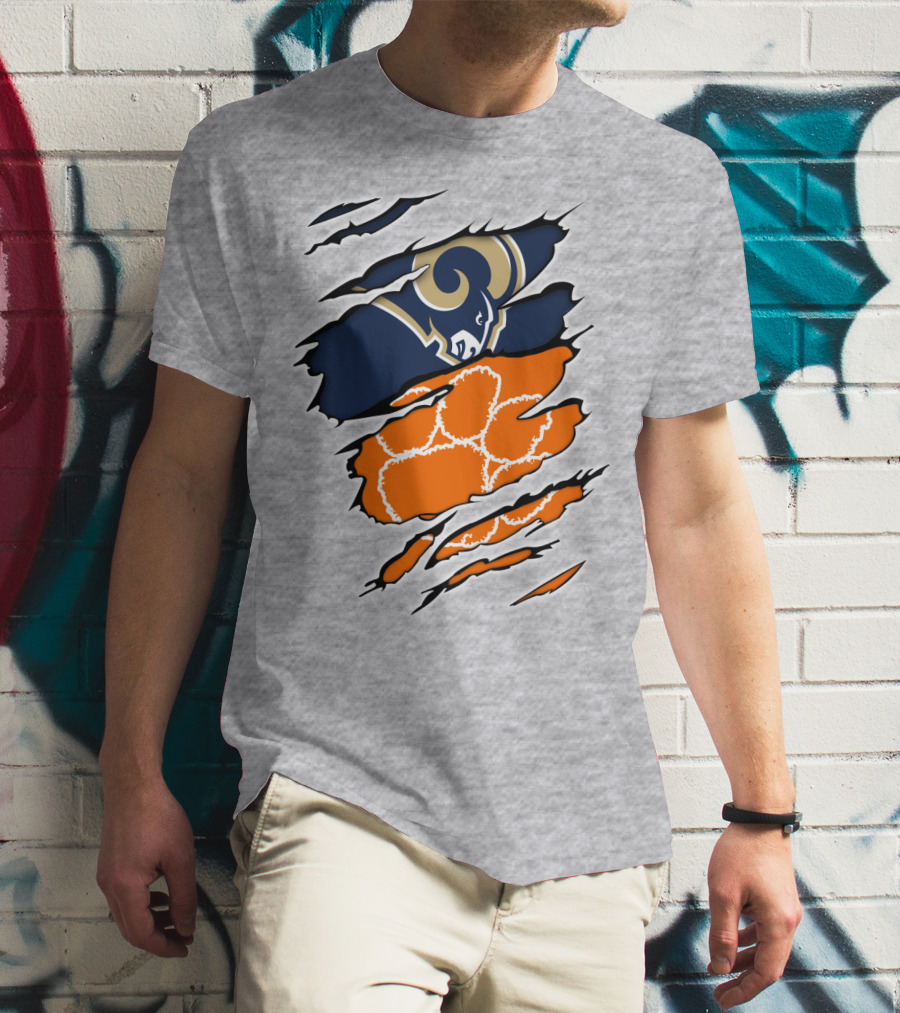 Clemson Tiger Paw With Rams Horns Logo Combo T-Shirt