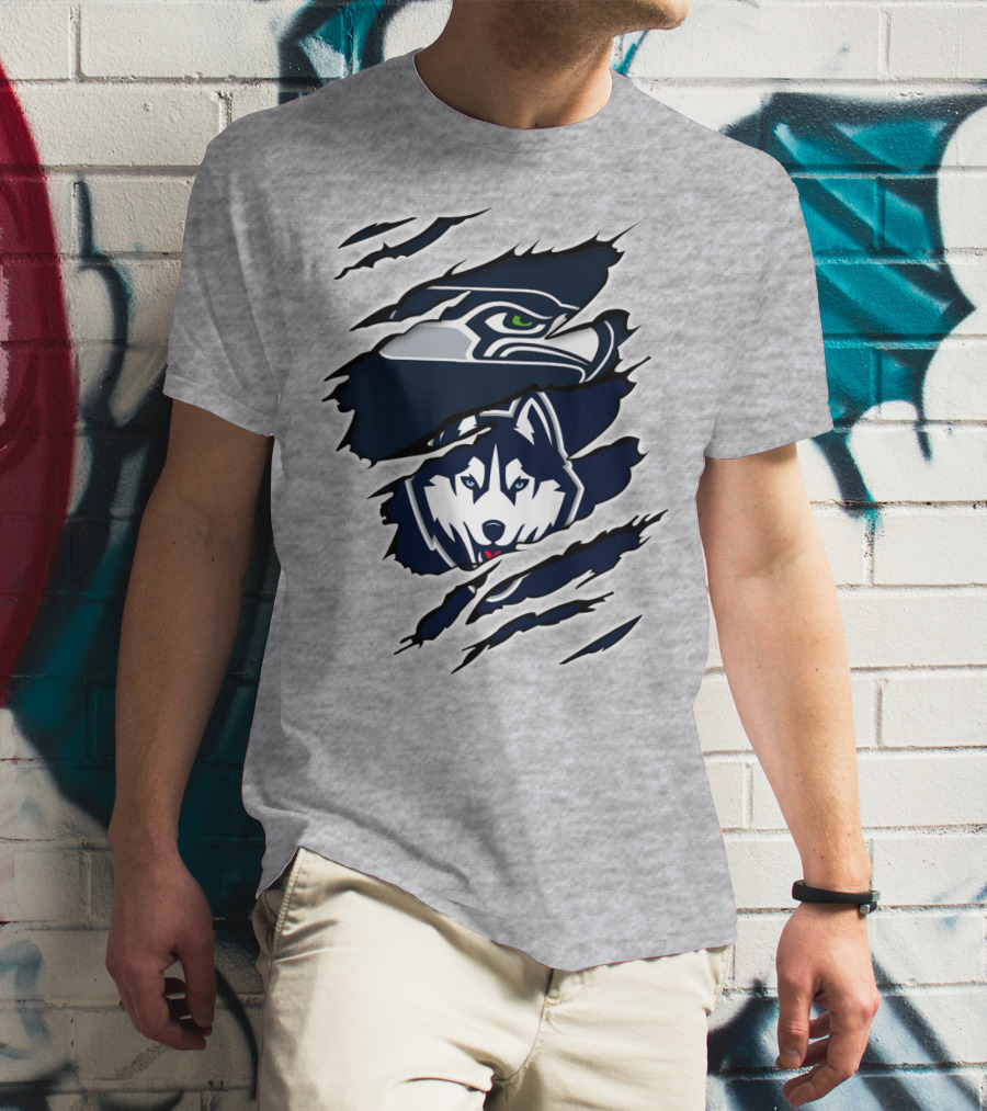 Seahawks Huskies Logo Mashup Aggressive Ripped T-Shirt