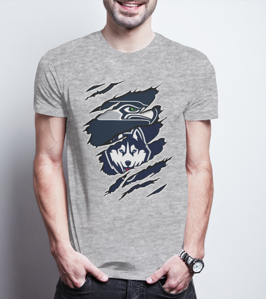 Seahawks Huskies Logo Mashup Aggressive Ripped T-Shirt