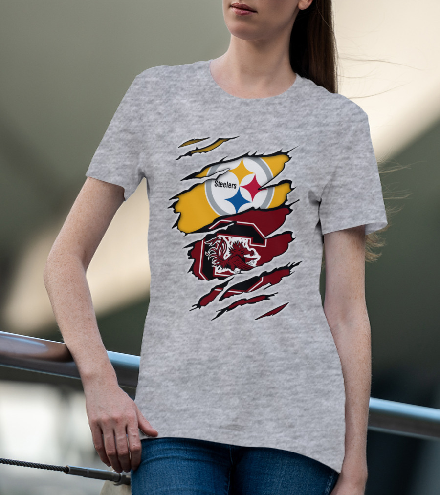 Steelers Gamecocks Logo Mashup With Scratch Marks T-Shirt