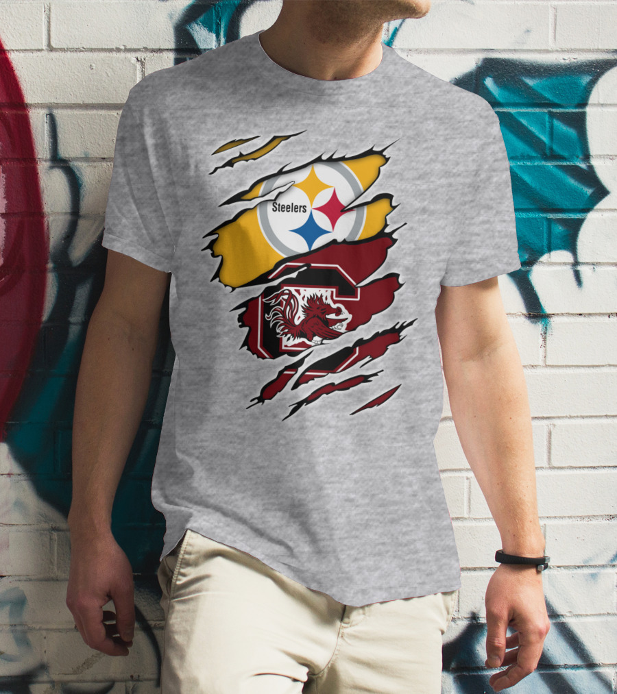 Steelers Gamecocks Logo Mashup With Scratch Marks T-Shirt