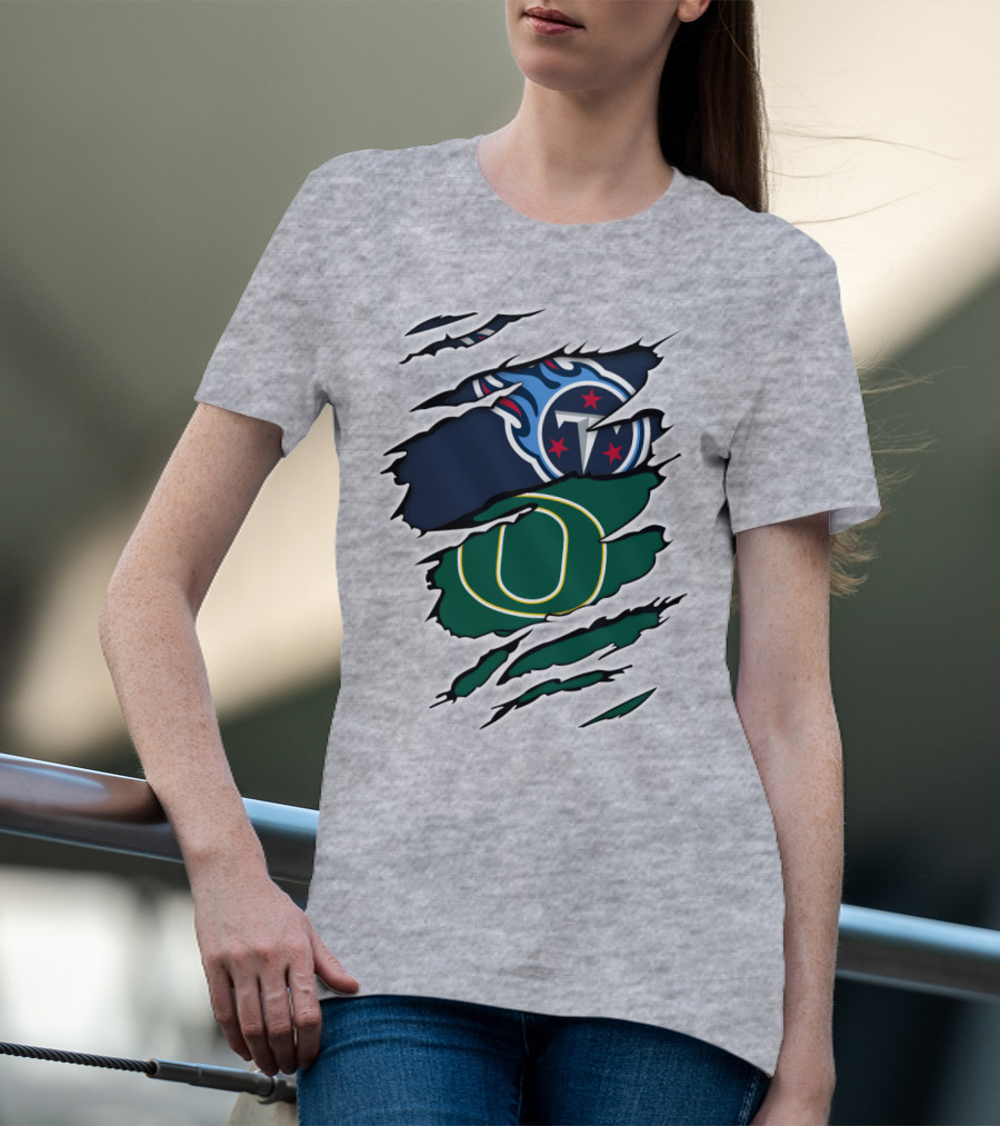 Tennessee Titans And Oregon Ducks Ripped Logo Claw Marks T-Shirt