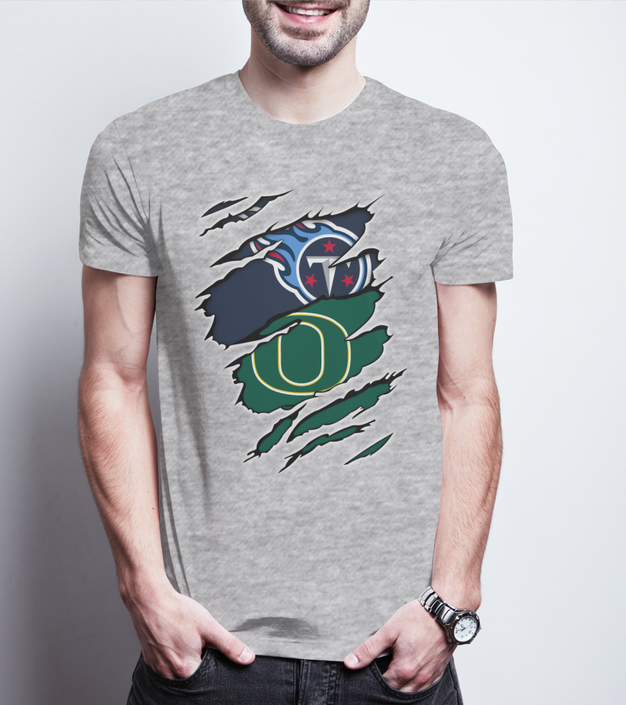 Tennessee Titans And Oregon Ducks Ripped Logo Claw Marks T-Shirt