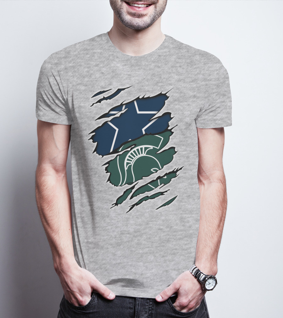 Cowboys Michigan State Spartans Star And Helmet Claw Marks T-Shirt