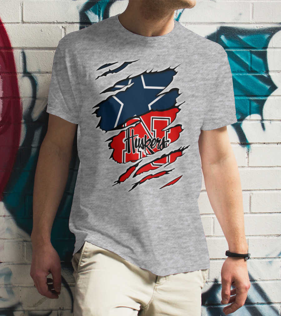 Cowboys Nebraska Huskers N Logo With Star Ripped T-Shirt
