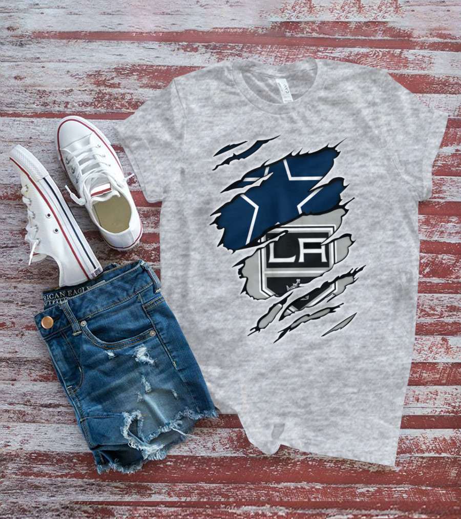 Cowboys Kings LA Logos Behind Torned Blue Star T-Shirt