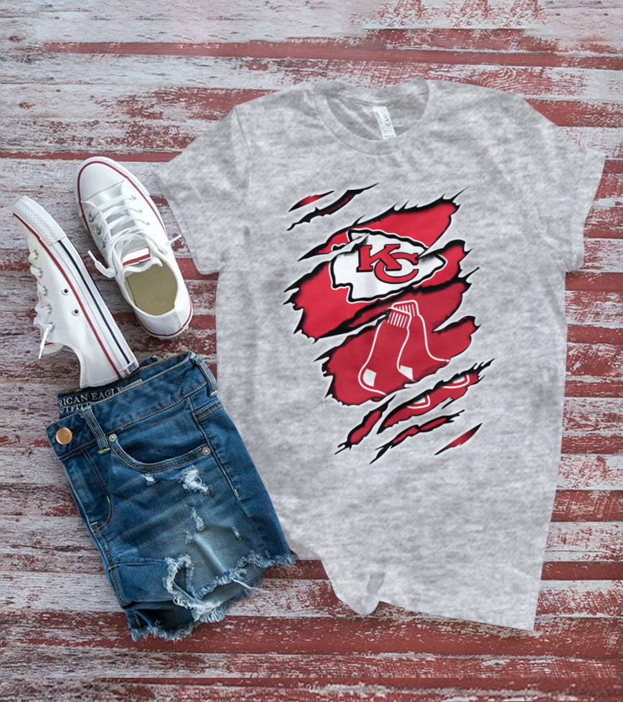 Chiefs Redsox KC Logo And Sox Emblem Torn T-Shirt