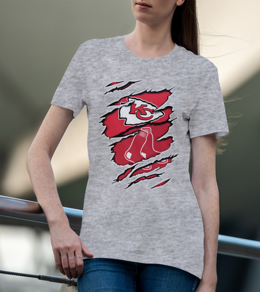 Chiefs Redsox KC Logo And Sox Emblem Torn T-Shirt