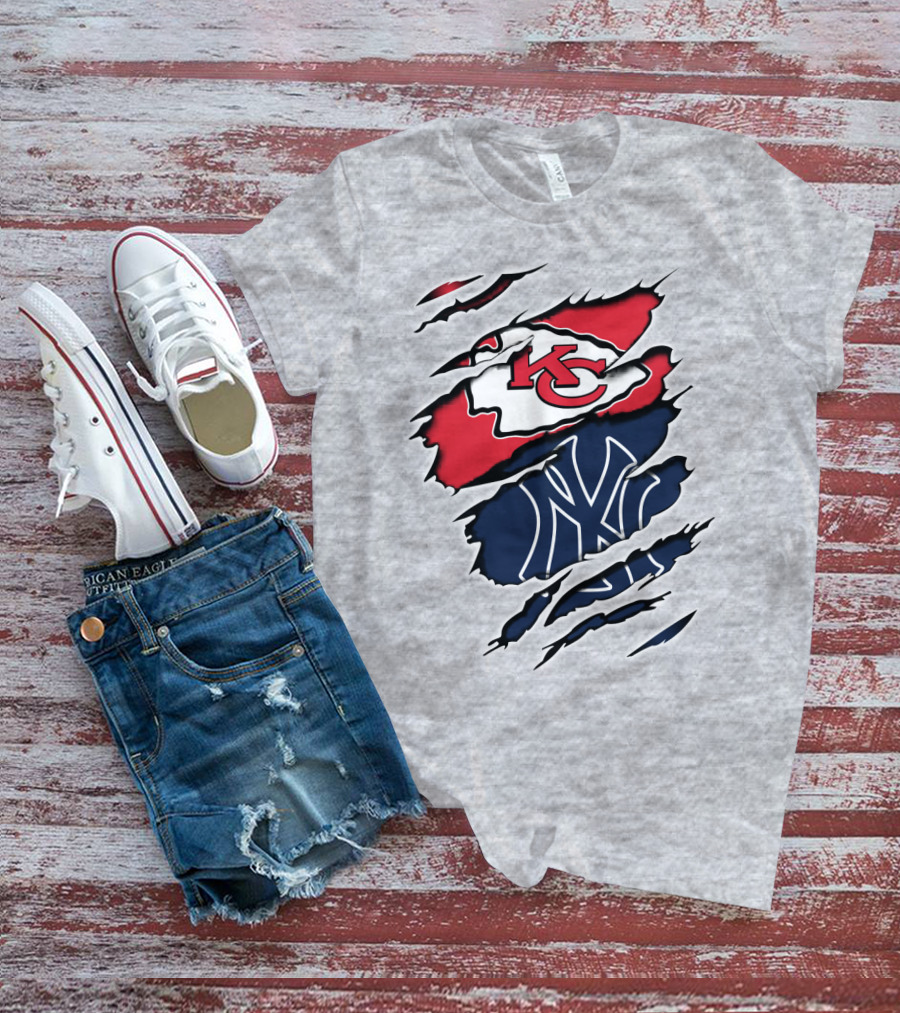 Chiefs Yankees KC NY Hybrid Logo Ripped T-Shirt