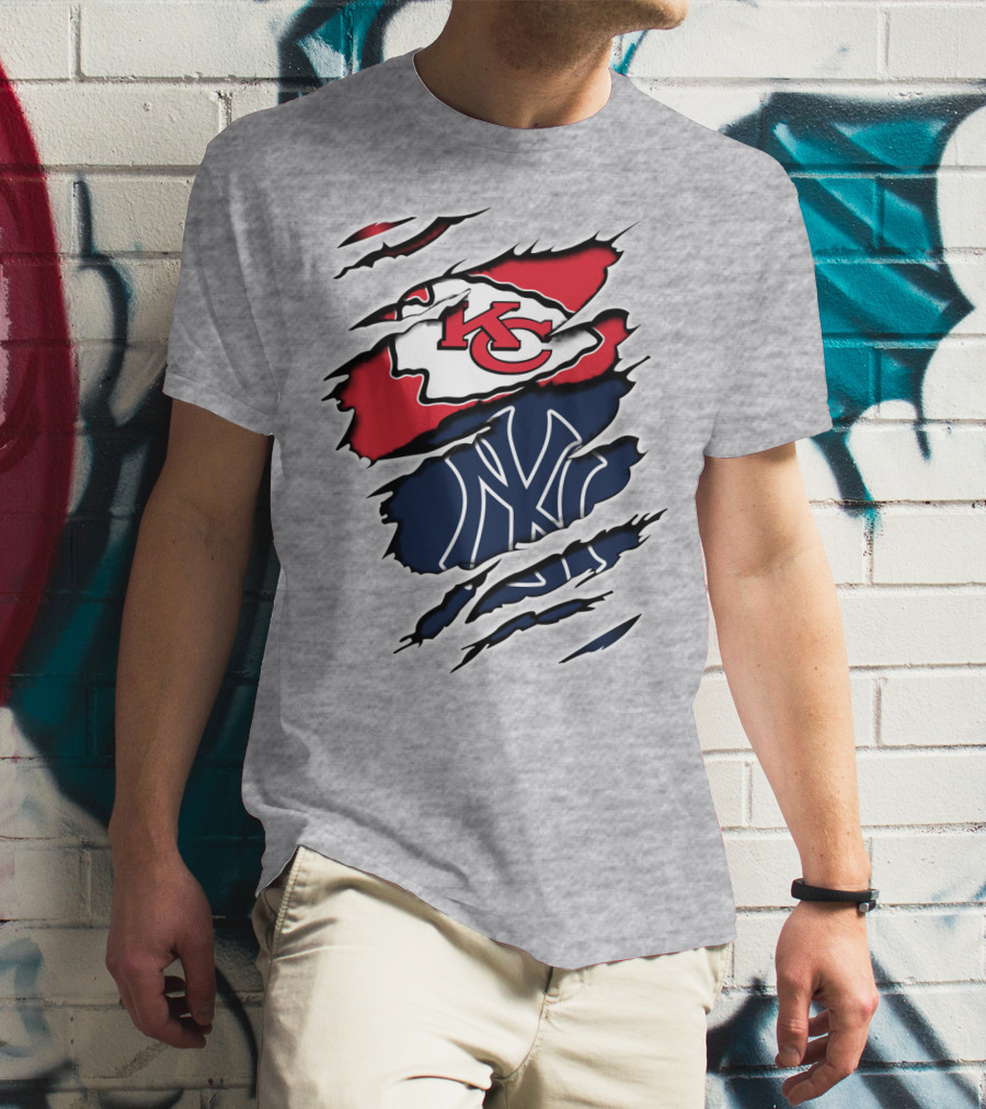 Chiefs Yankees KC NY Hybrid Logo Ripped T-Shirt