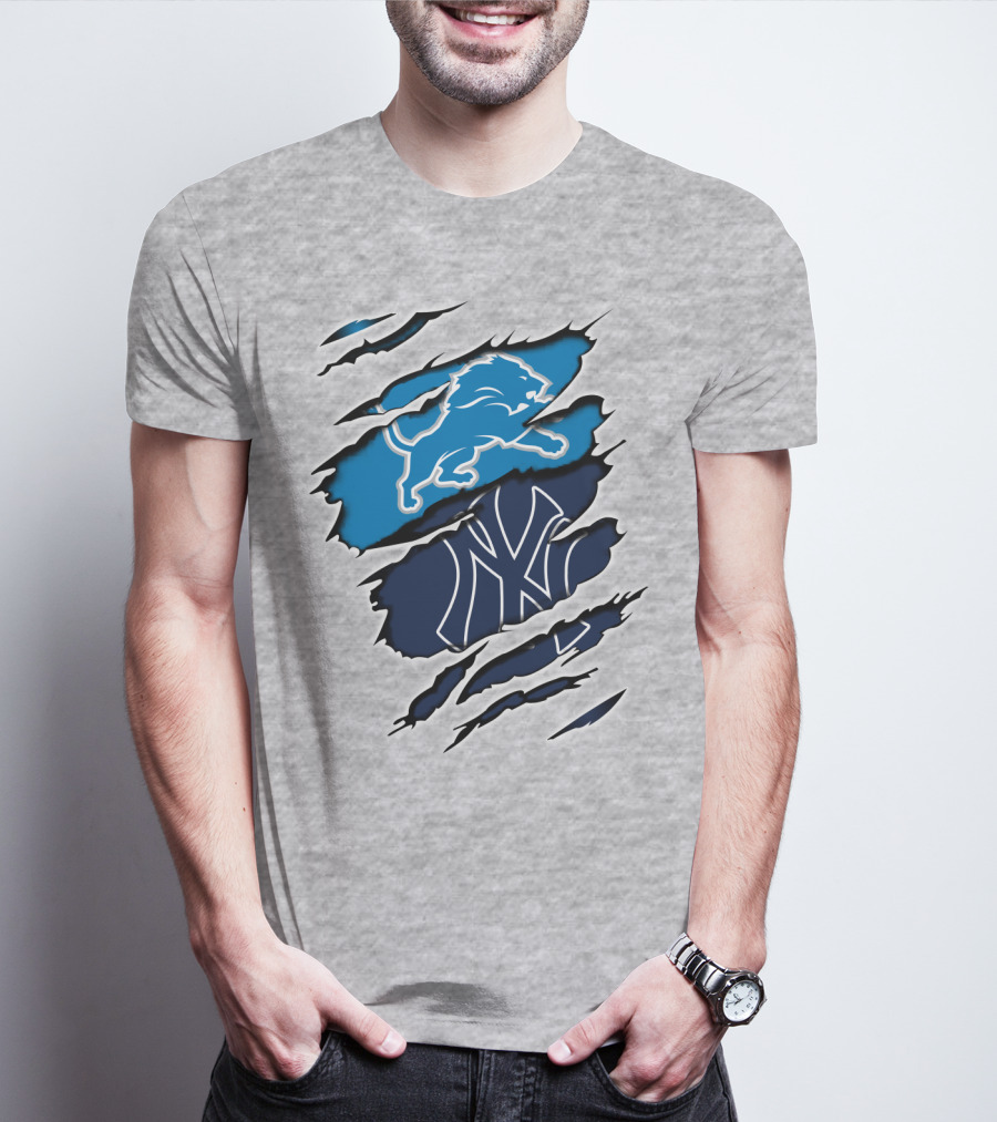 Detroit Lions And New York Yankees Ripped Claw T-Shirt
