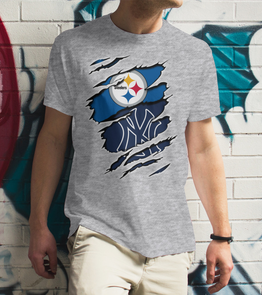 Steelers Yankees Logo Fusion Ripped Effect T-Shirt