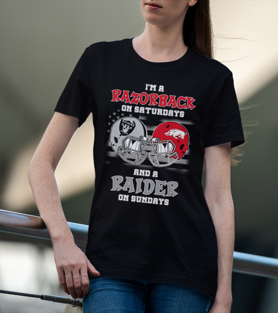 I'm A Razorback On Saturdays And A Raider On Sundays Razorbacks Raiders Helmet T-Shirt
