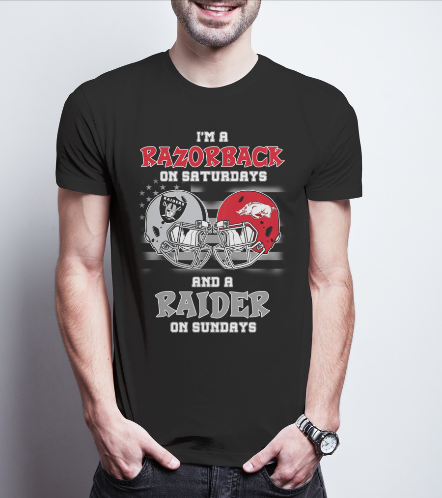 I'm A Razorback On Saturdays And A Raider On Sundays Razorbacks Raiders Helmet T-Shirt