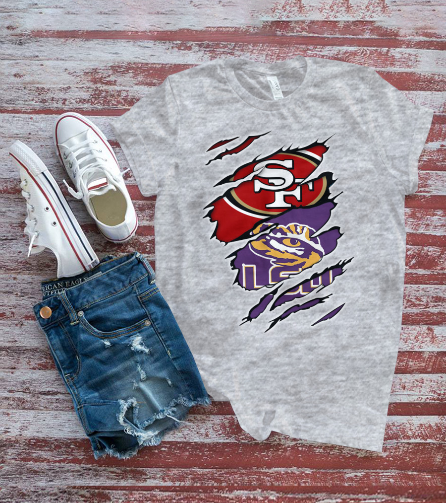 LSU Tigers And San Francisco 49ers Logos On Torn Background T-Shirt