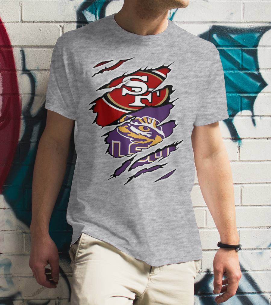 LSU Tigers And San Francisco 49ers Logos On Torn Background T-Shirt
