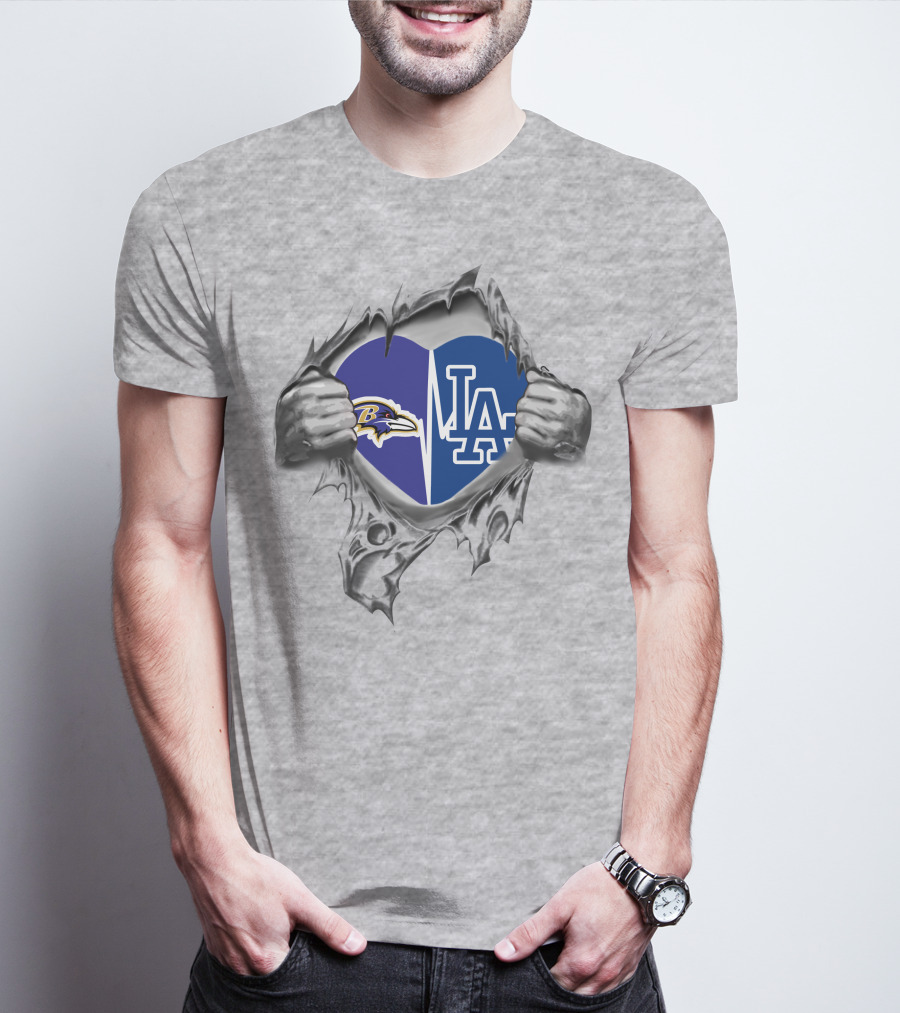 Ravens Dodgers Heart Logos Torn T-Shirt