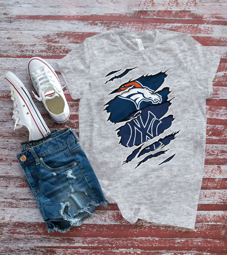 Broncos Yankees Distressed Dual Team Logo Fusion T-Shirt