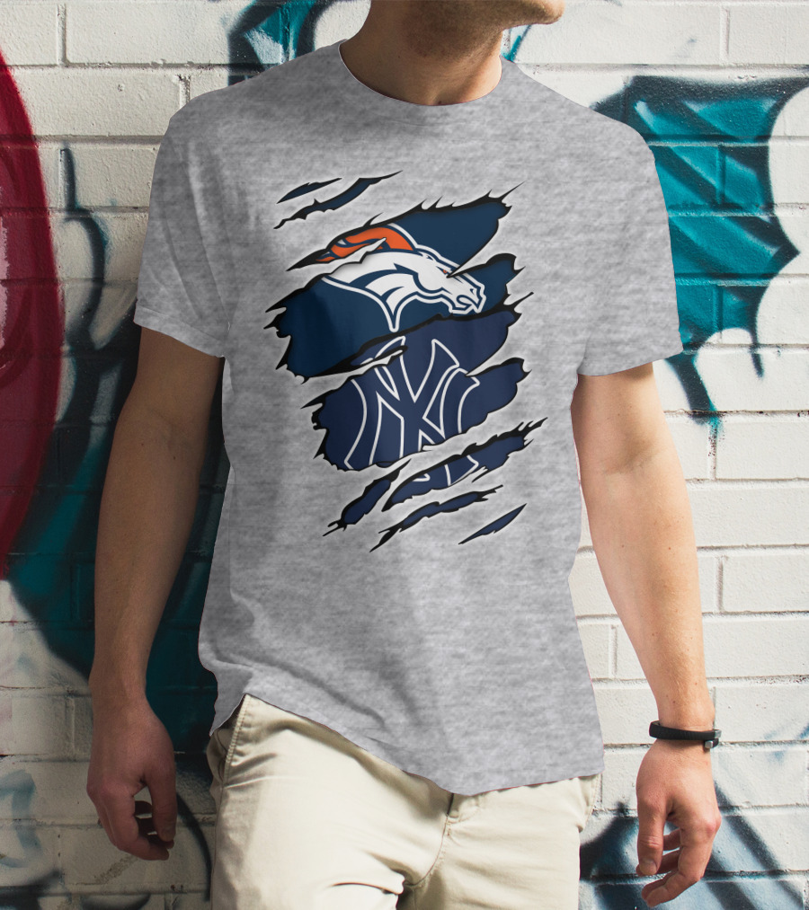 Broncos Yankees Distressed Dual Team Logo Fusion T-Shirt