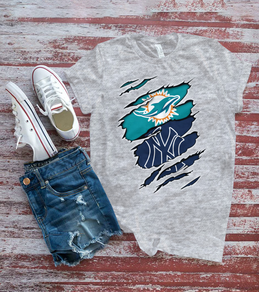 Miami Dolphins New York Yankees Logos Integration T-Shirt