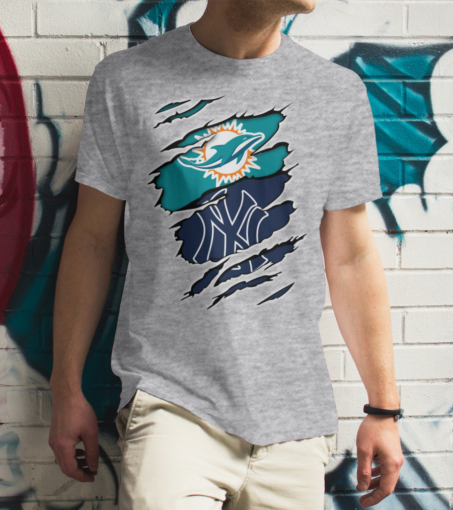 Miami Dolphins New York Yankees Logos Integration T-Shirt