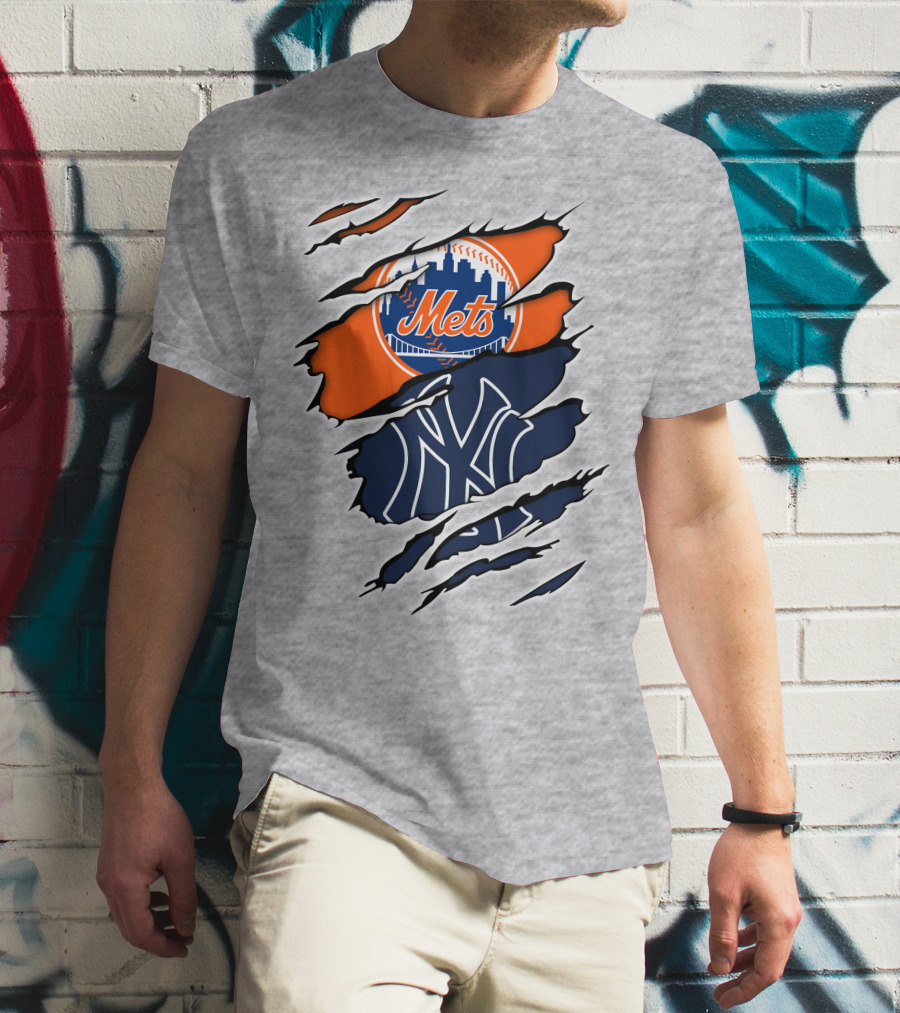 Mets Yankees Logo Tear Skyline Baseball Rivalry T-Shirt