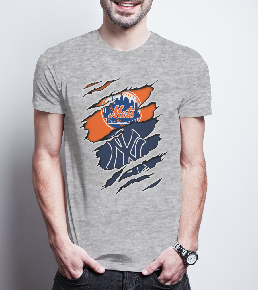 Mets Yankees Logo Tear Skyline Baseball Rivalry T-Shirt