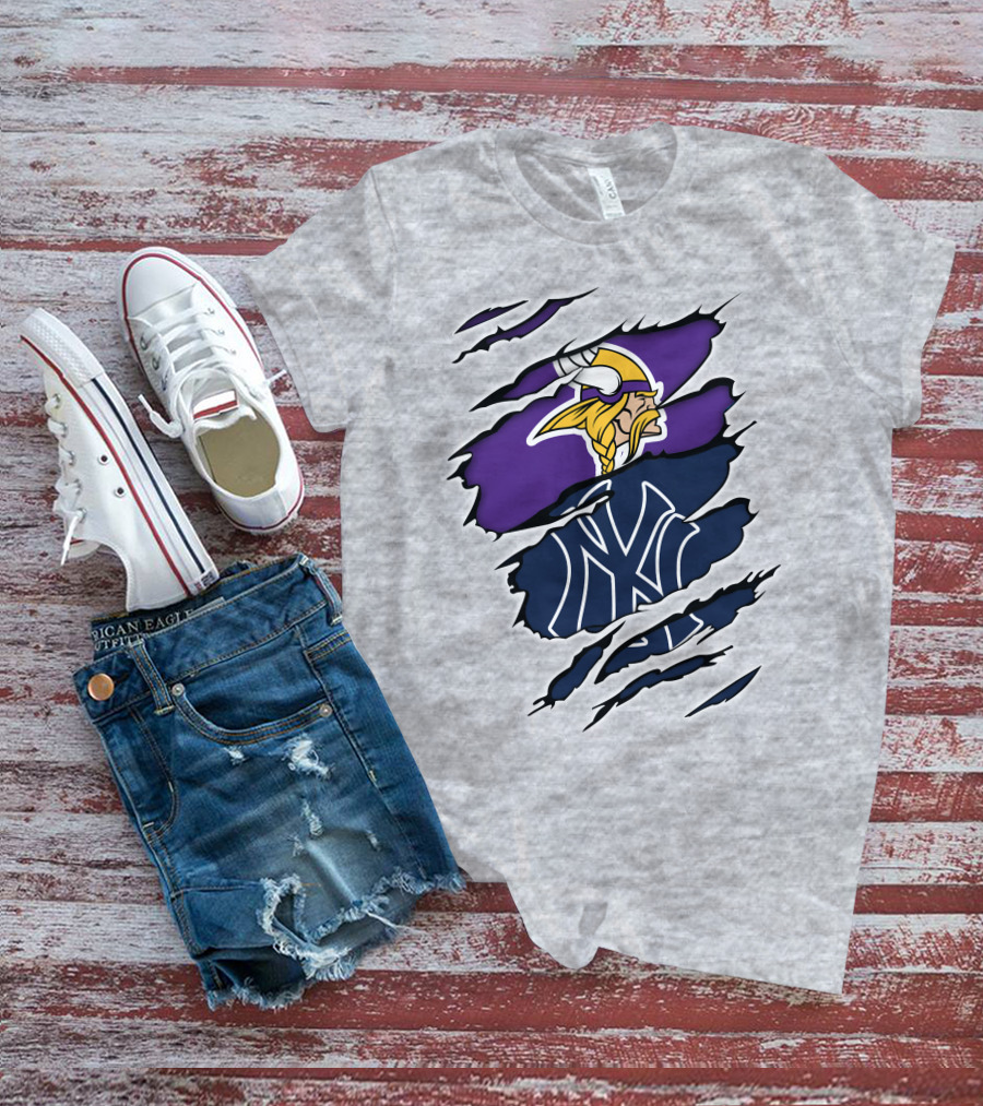 Vikings Yankees Logo Mashup Ripped Effect T-Shirt