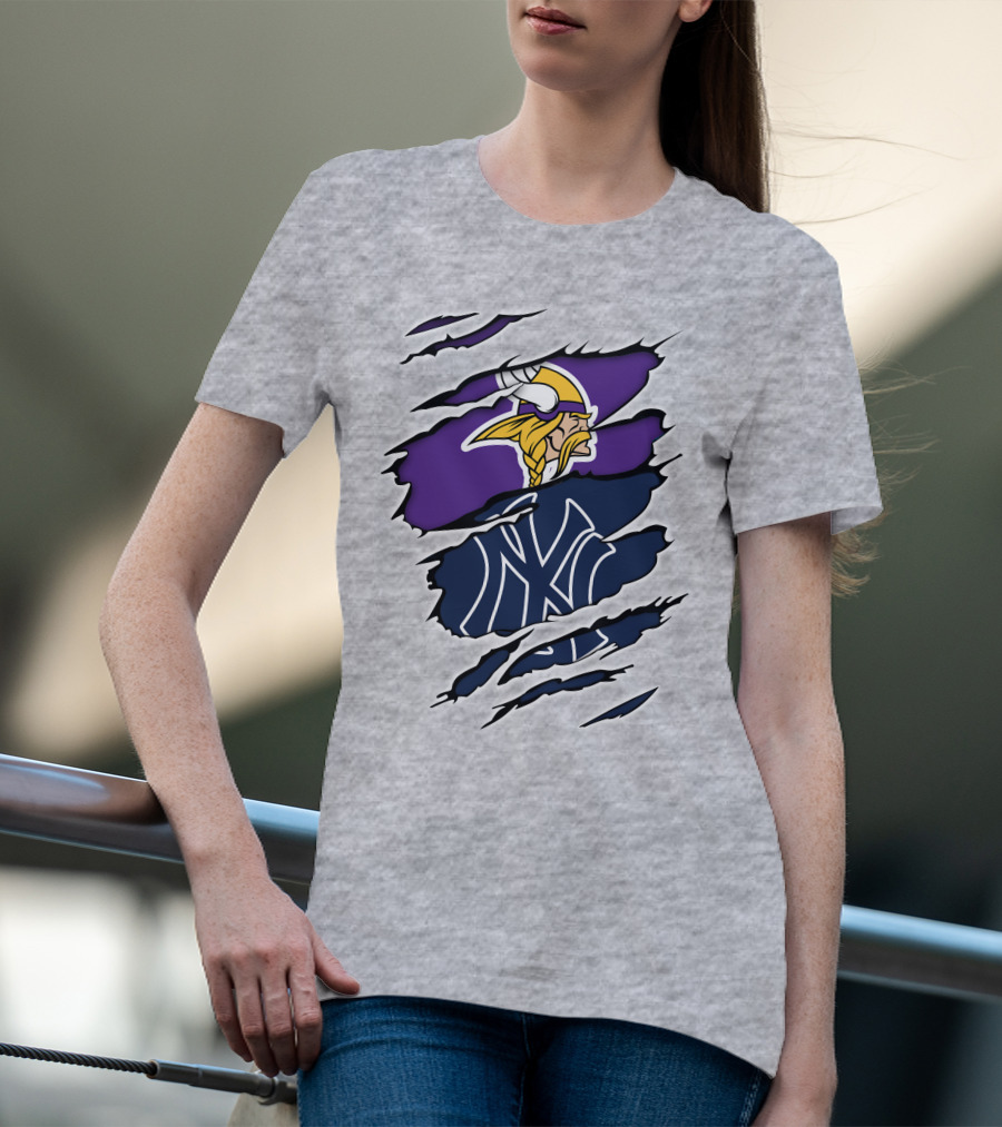 Vikings Yankees Logo Mashup Ripped Effect T-Shirt
