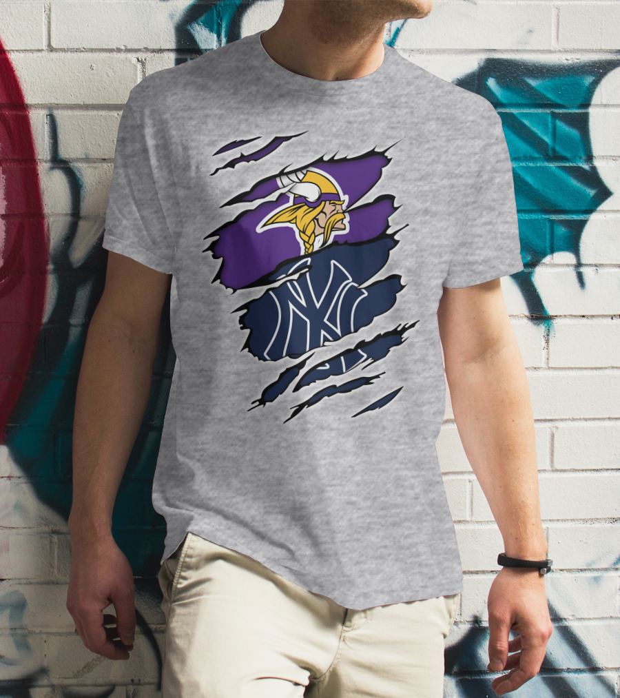 Vikings Yankees Logo Mashup Ripped Effect T-Shirt