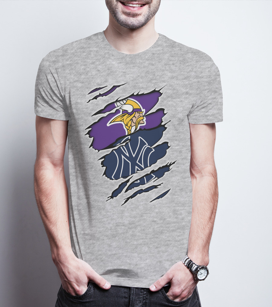 Vikings Yankees Logo Mashup Ripped Effect T-Shirt