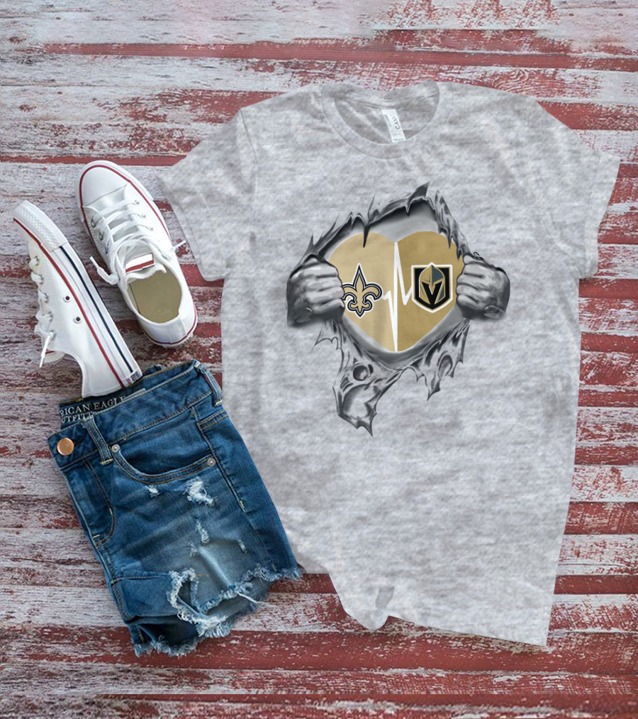 Golden Knights And Saints Heartbeat Fleur-de-Lis And Shield Emblem T-Shirt