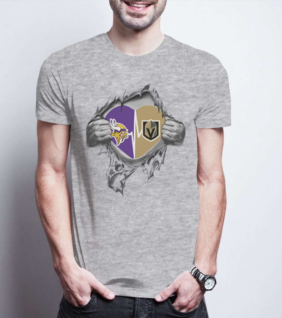 Golden Knights And Vikings Heartbeat Symbol With Torn T-Shirt
