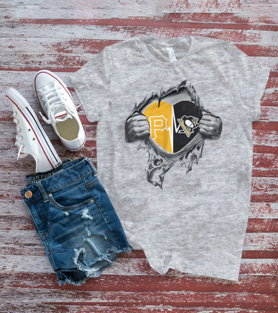 Pirates Penguins Heart With Team Logos Hidden Behind Torn Fabric T-Shirt