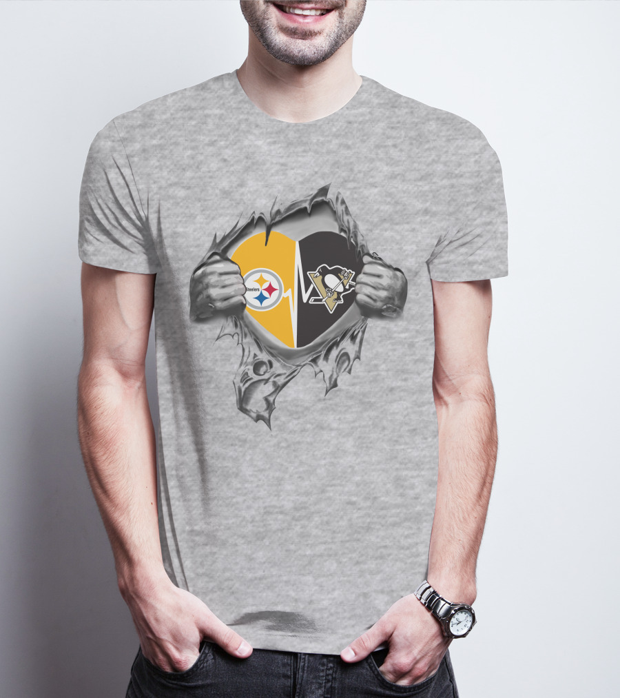 Steelers Penguins Heart With Steelers Star And Penguins Hockey T-Shirt