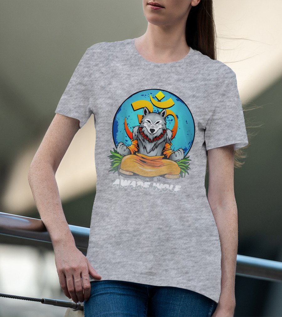 Aware Wolf Meditation Om Symbol Wolf T-Shirt