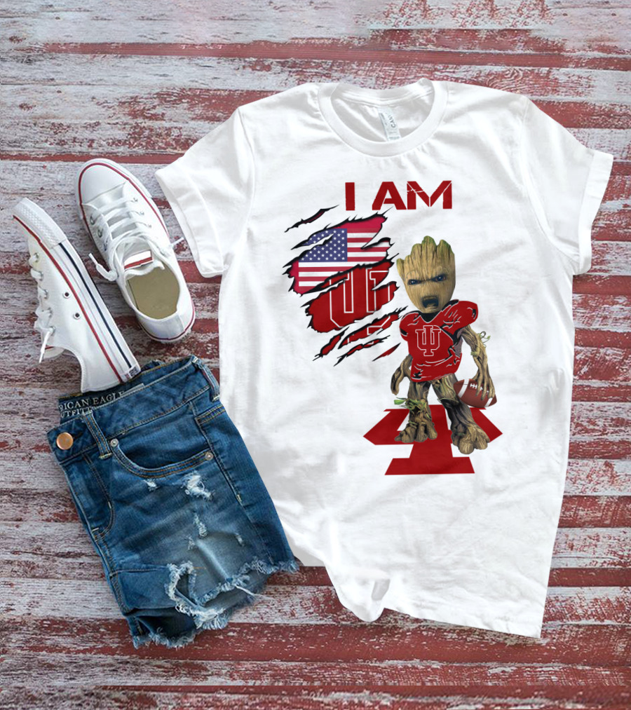 I AM Indiana Hoosiers Baby Groot Football USA Flag T-Shirt