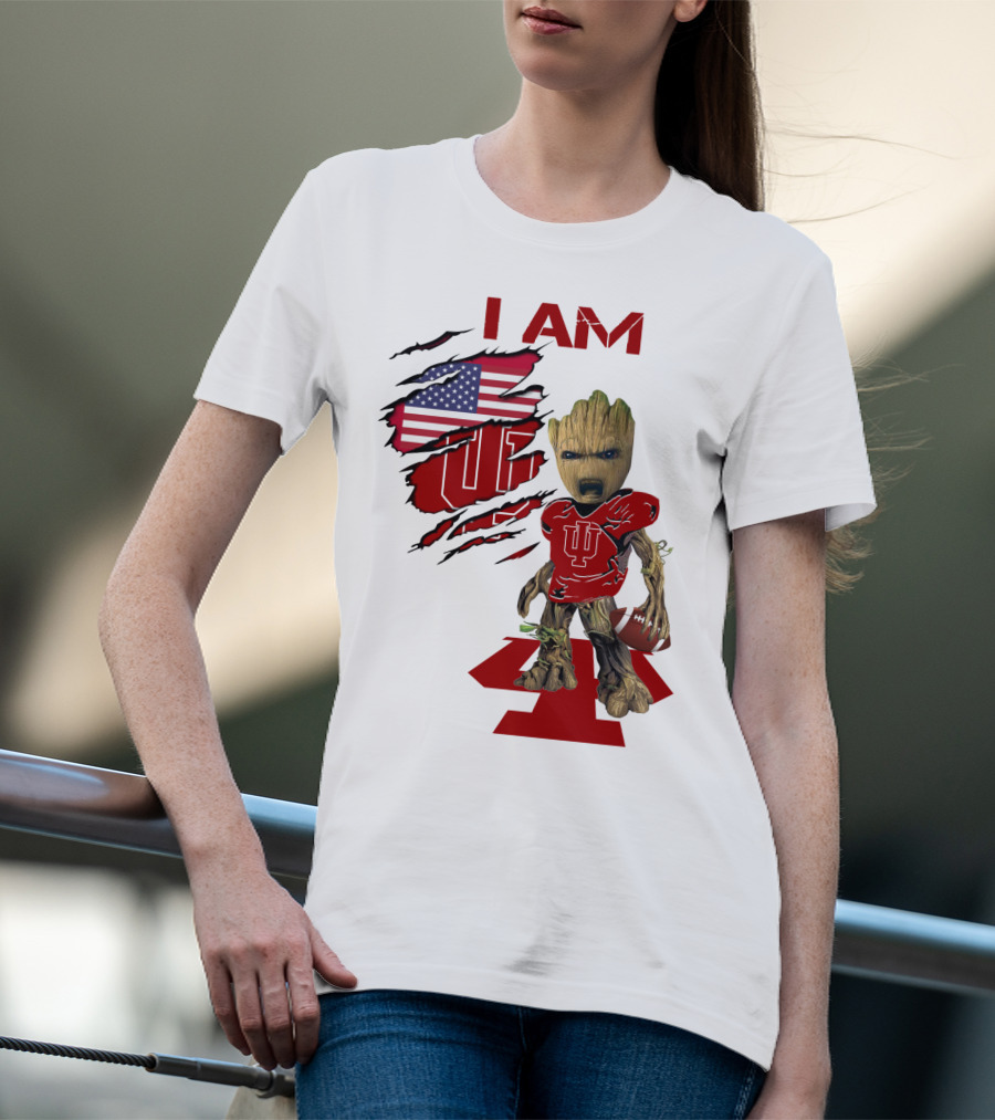 I AM Indiana Hoosiers Baby Groot Football USA Flag T-Shirt