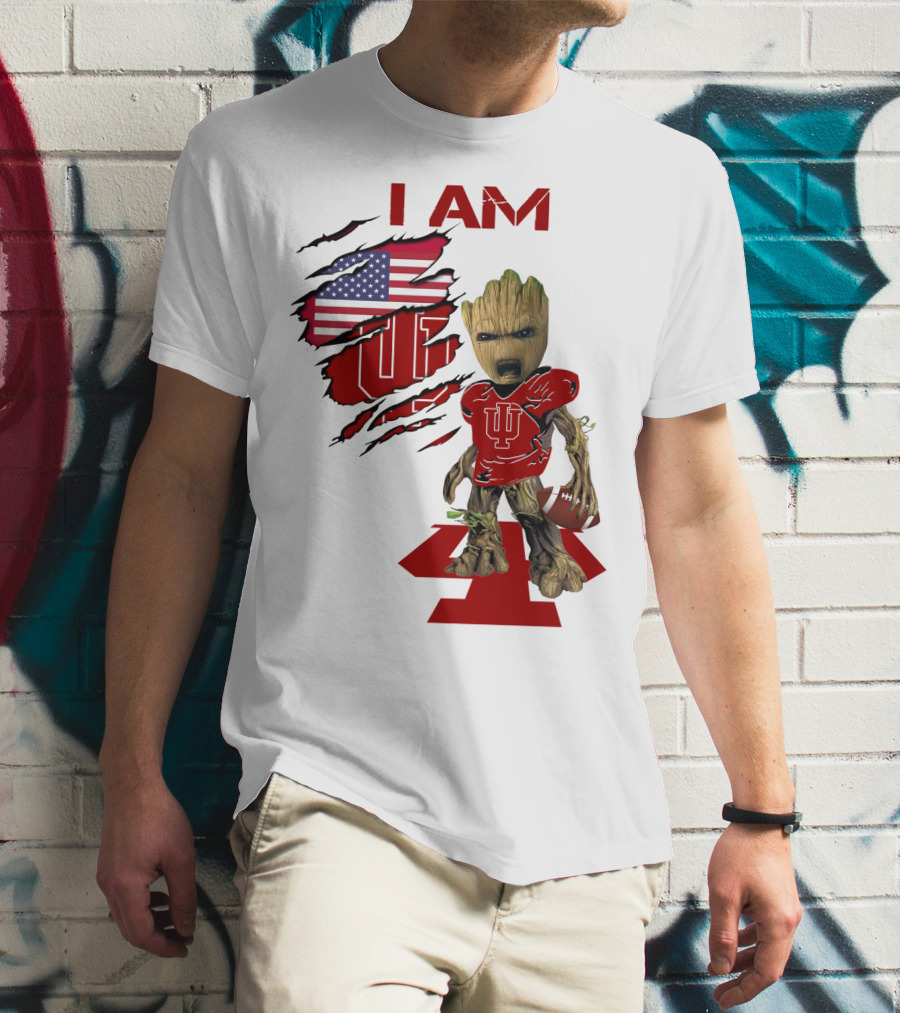 I AM Indiana Hoosiers Baby Groot Football USA Flag T-Shirt