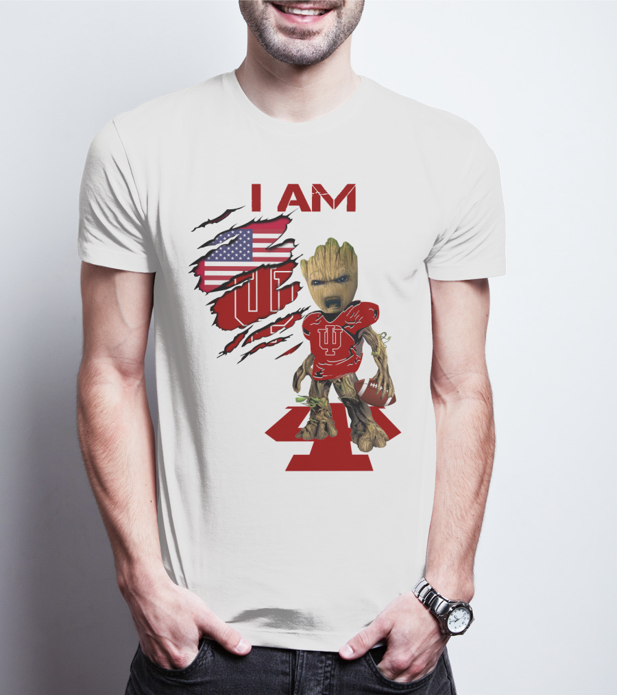 I AM Indiana Hoosiers Baby Groot Football USA Flag T-Shirt