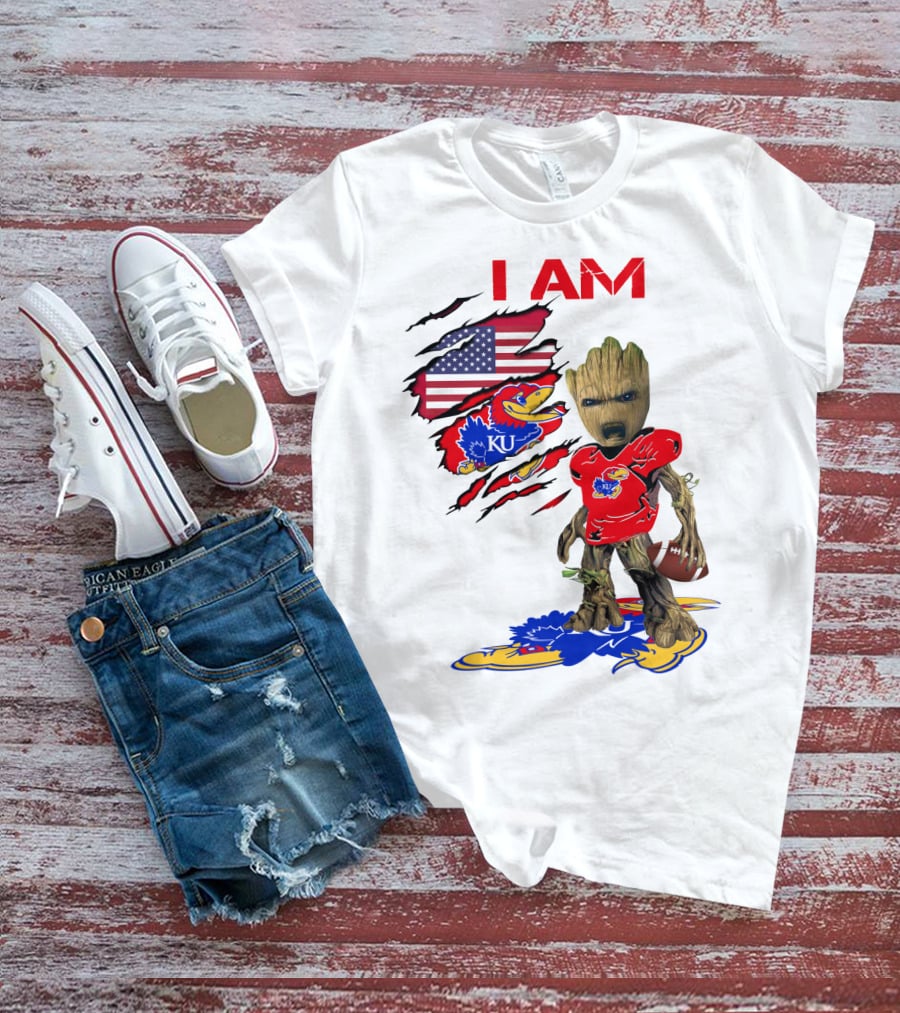 I AM Baby Groot KU Football Jayhawks American Flag T-Shirt