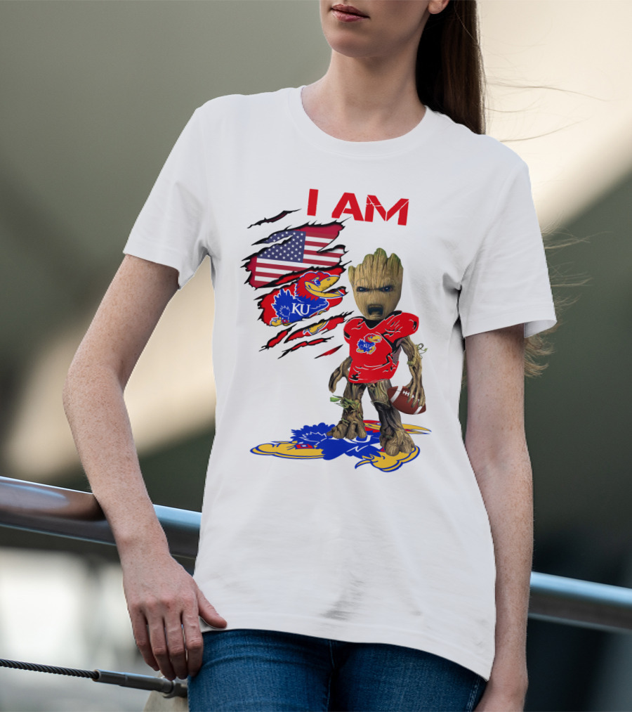 I AM Baby Groot KU Football Jayhawks American Flag T-Shirt