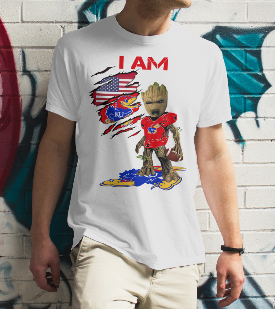 I AM Baby Groot KU Football Jayhawks American Flag T-Shirt