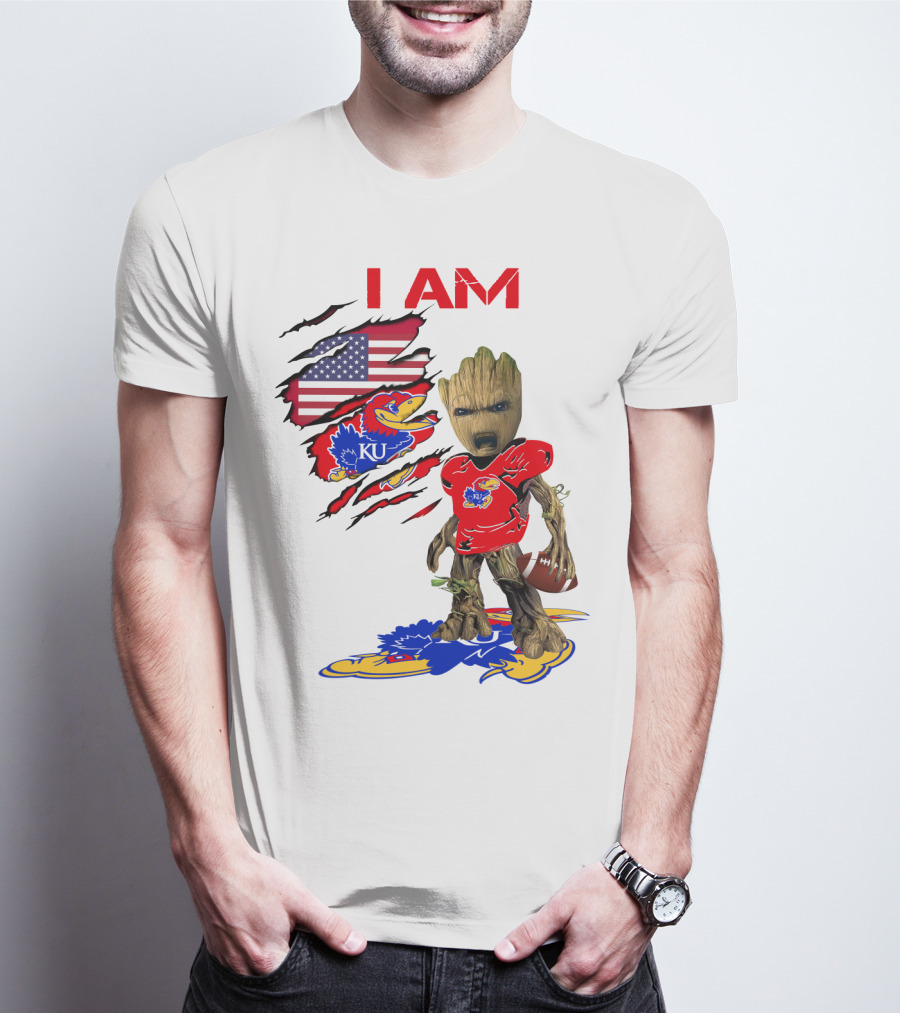 I AM Baby Groot KU Football Jayhawks American Flag T-Shirt