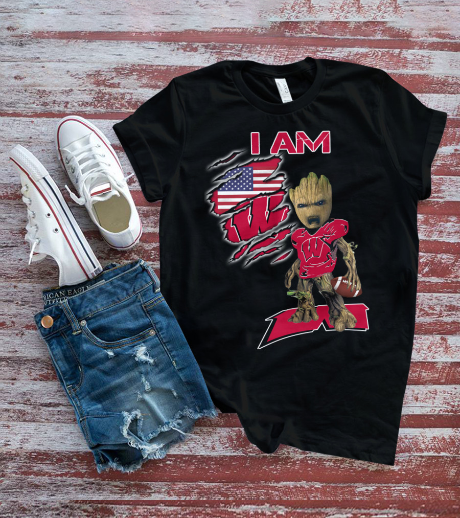 I Am Wisconsin Baby Groot Usa Flag Football W T-Shirt