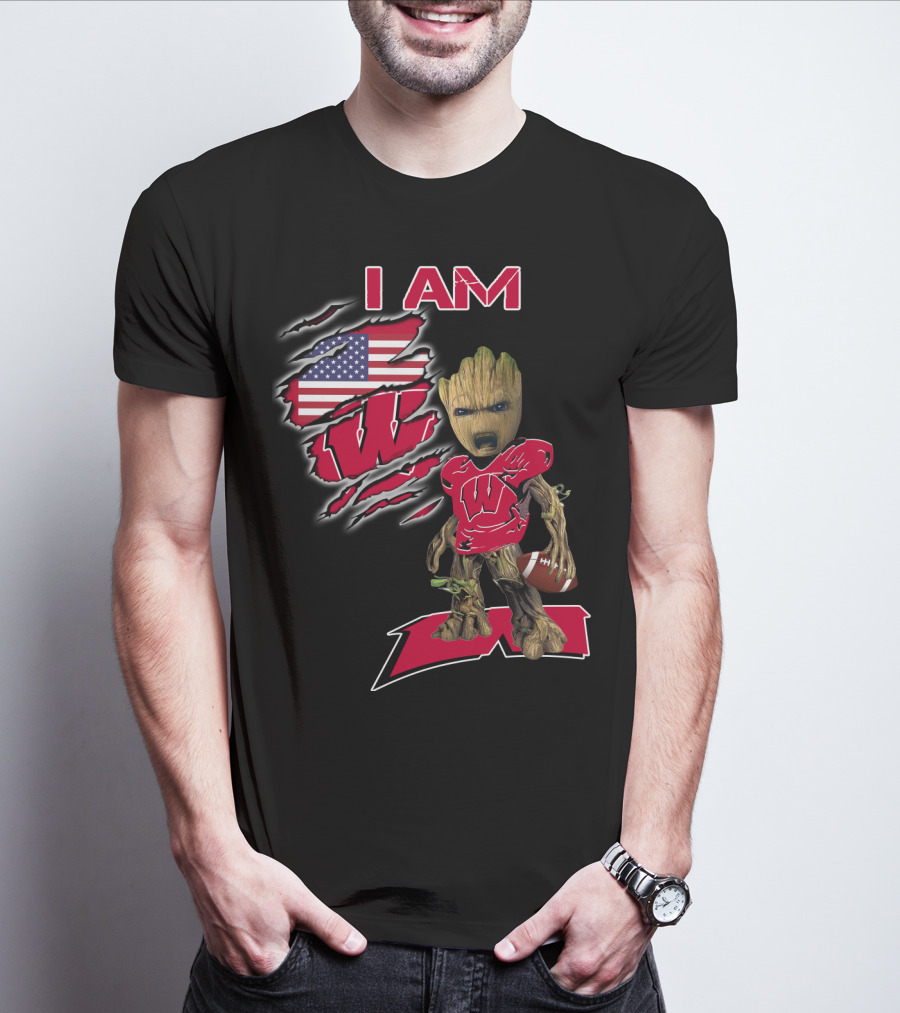 I Am Wisconsin Baby Groot Usa Flag Football W T-Shirt