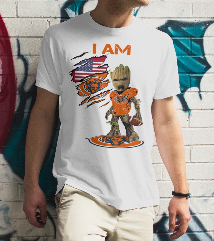 I AM Bears Baby Groot Holding Football With American Flag And Chicago Bears T-Shirt