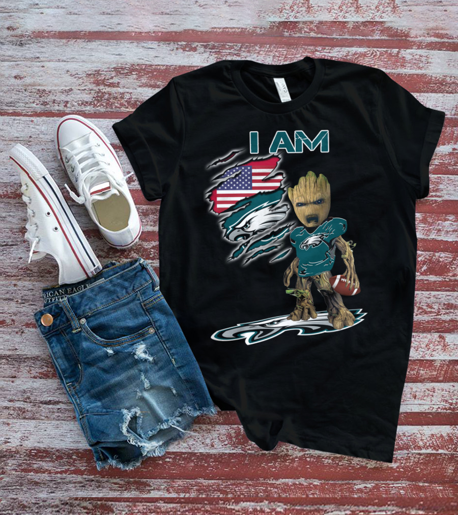 I Am Eagles Baby Groot American Football Fan T-Shirt
