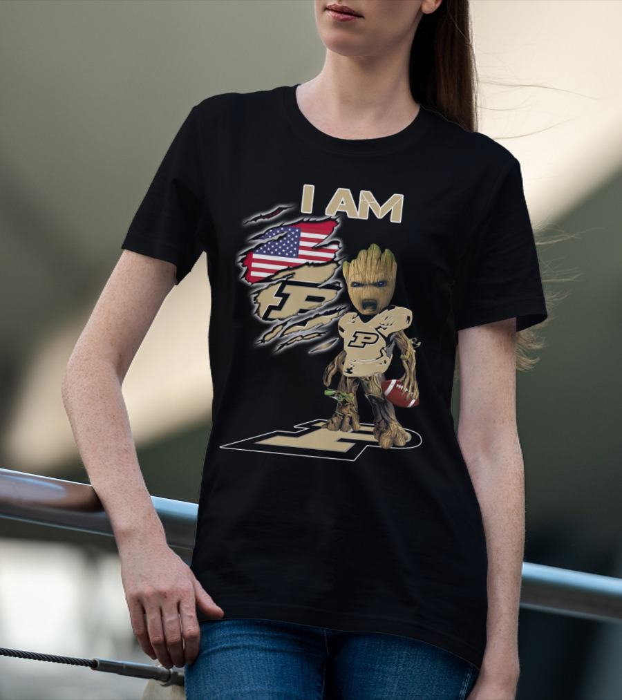 I Am Purdue Baby Groot American Flag Purdue Football T-Shirt
